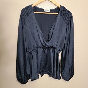 Saints & Hearts Black Satin Faux Wrap Blouse